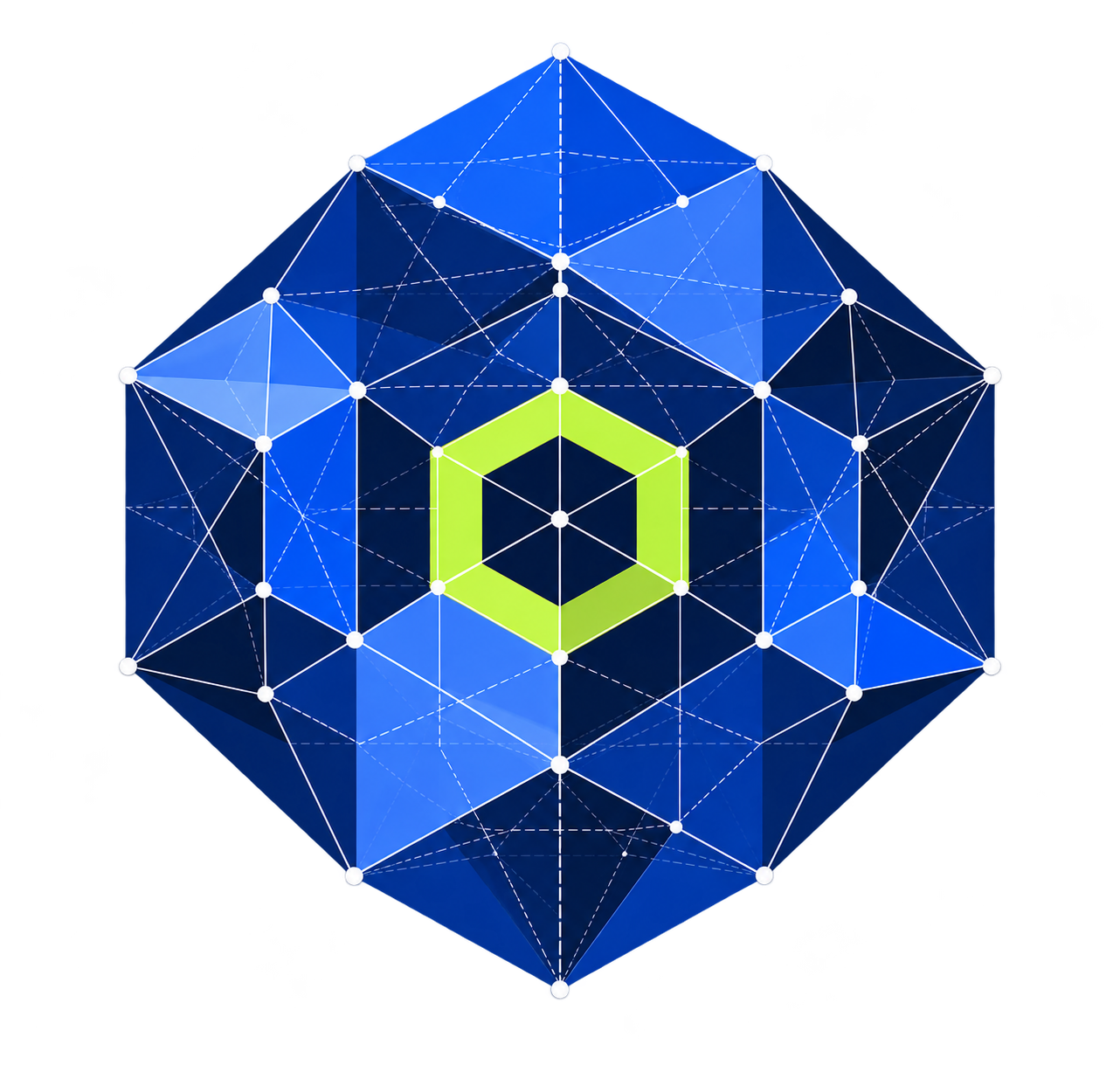 Faceted cobalt geometric form with a lime hexagonal center and technical construction lines